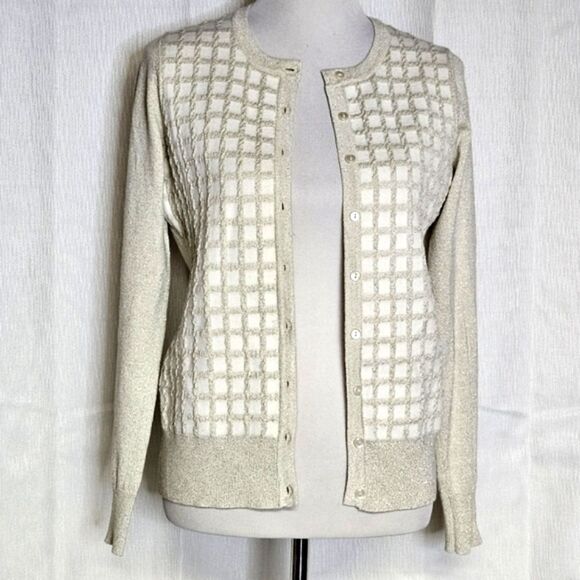Charter Club Gold Metallic Geometric Squares Button Front Dressy Knit Sweater - Picture 1 of 11